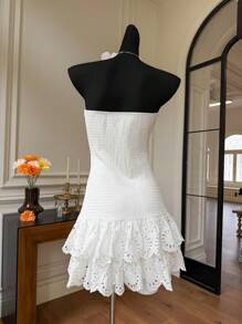 Comfortcana Vestido corto de mujer de punto blanco con diseño calado, bordado y parches - Blanco - Ver 2