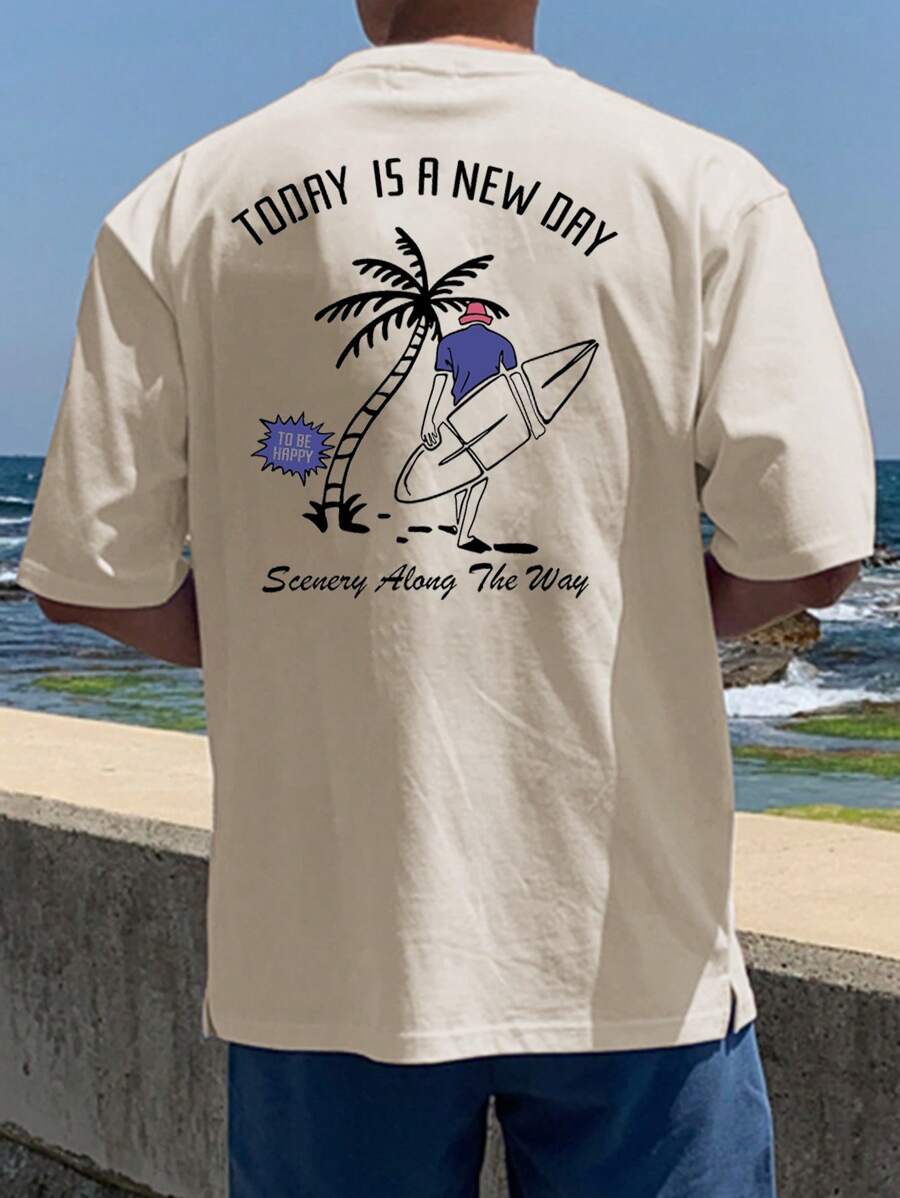 DAZY Men's Apricot Beach & Surfing Graphic Print T-Shirt, Summer