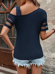 SHEIN LUNE Camiseta de manga corta con cuello asimétrico, parches de malla, para uso casual de vacaciones de las mujeres
