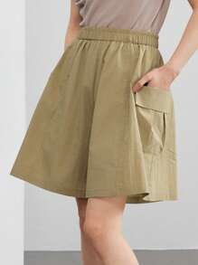 Dazy-Less Women's Loose Casual Summer Designed Large Pocket Decor Wide Leg Bermuda Shorts, Cropped Shorts - Khaki - View 1