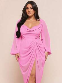 SHEIN BAE Váy xẻ tà cổ xếp nếp đính sequin lấp lánh thanh lịch cỡ lớn dành cho nữ, tay dài, màu xanh bạc hà - Hồng - Xem 6