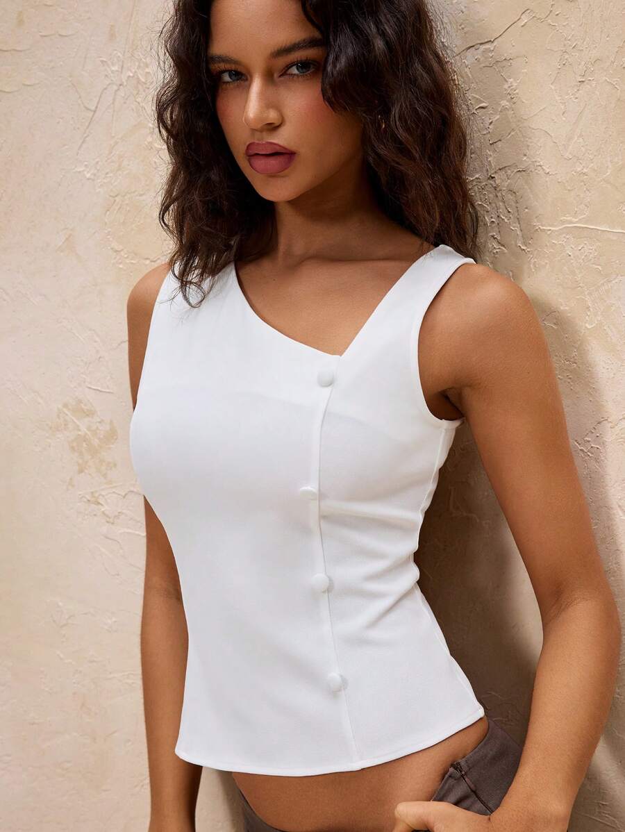 Glamine Urban Chic Commuter Plain Color Asymmetric Collar Sleeveless White Tank Top - White - View 1