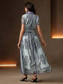 Anewsta 新款度假风复古印花雪纺短袖收腰翻领女式衬衫裙春夏 - 彩色 - 查看 2