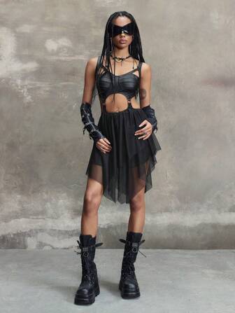 Grunge Punk Vestido deslizante de estilo punk electrónico con espalda abierta calada, minivestido para mujer