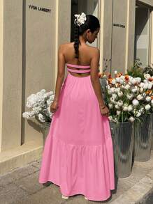 MainGRL Boho Pink Strapless Dress, Suitable For Spring/Summer Holiday - Pink - View 7