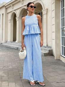 Siren Gaze 2025年波西米亚风夏季女装：格子荷叶边无袖露背上衣和阔腿裤套装 - 适合度假、节日、海滩休闲两件套，采用透气亚麻质感面料。女士夏季服装连衣裙，女士夏季套装，夏季工作装，夏季连衣裙，女士格子图案服装。 - 藍白色 - 查看 5
