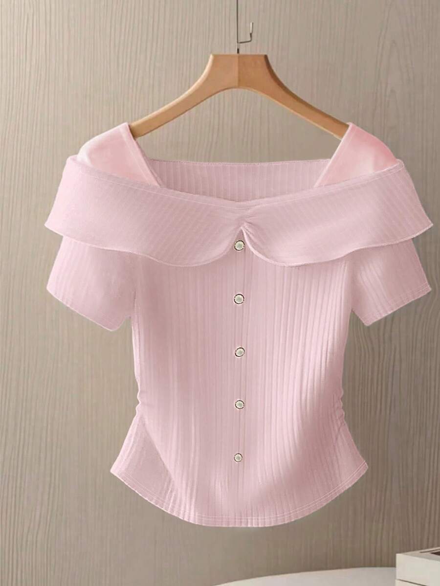 GlowEve Knitted Striped Textured Patchwork Button Decor Luxurious French Elegant White Women Short Sleeve Blouse, Summer - Pink - View 1