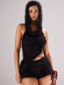 MUSERA 针织连帽赛车风不对称下摆蓬松纹理上衣，适合音乐节、演唱会、锐舞派对、夜店、夏季、性感后台度假、伊比沙岛春季 - 黑色 - 查看 1