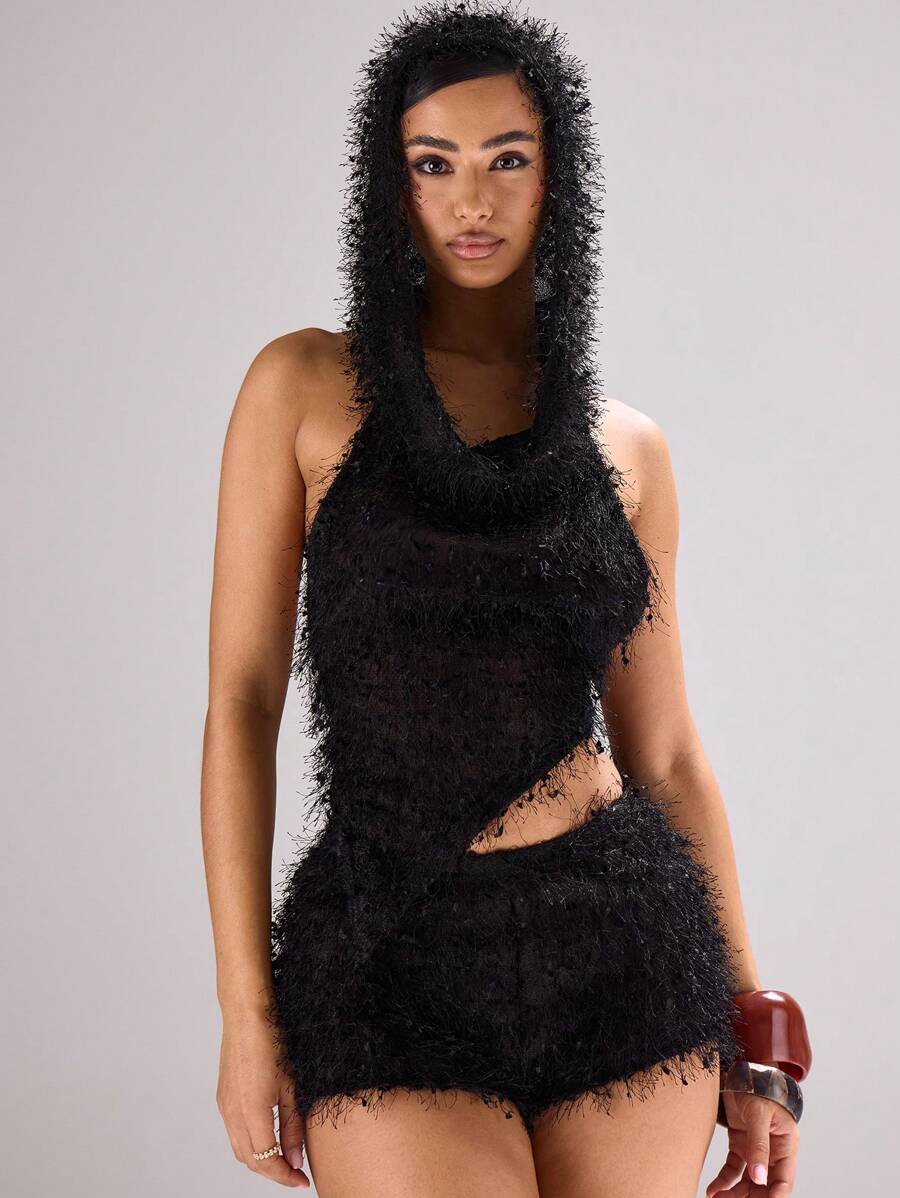 MUSERA 针织连帽赛车风不对称下摆蓬松纹理上衣，适合音乐节、演唱会、锐舞派对、夜店、夏季、性感后台度假、伊比沙岛春季 - 黑色 - 查看 1