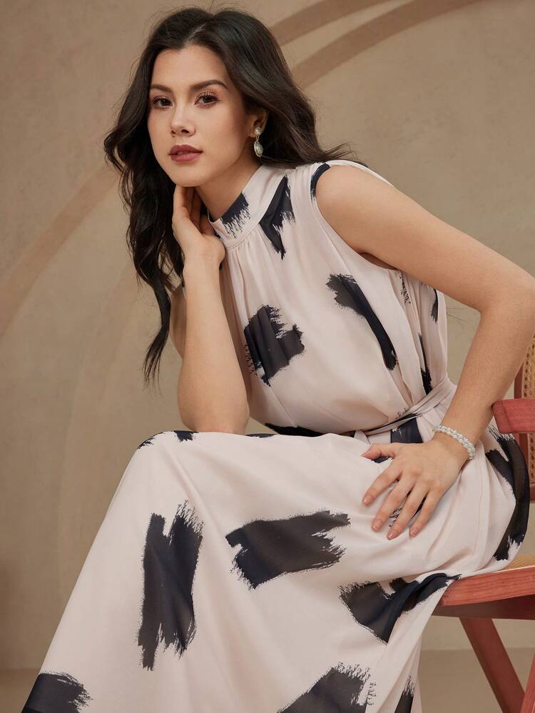 Women's Elegant Floral Print Pleated Waist Tied Sleeveless Midi Dress, Summer Cocktail Dress