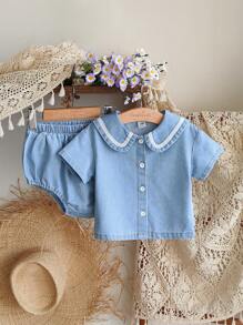 SHEIN Vintaside Kids Conjunto de top de denim de manga corta y parte inferior triangular casual de verano para niña, adecuado para uso casual en el hogar, actividades al aire libre y vacaciones