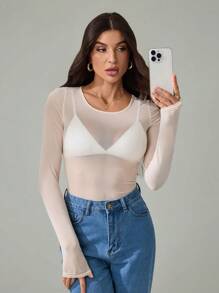 SHEIN Tall Women's Sheer Mesh Top: Apricot Round Neck Long Sleeve See-Through Shirt For A Chic Look - Apricot - View 4