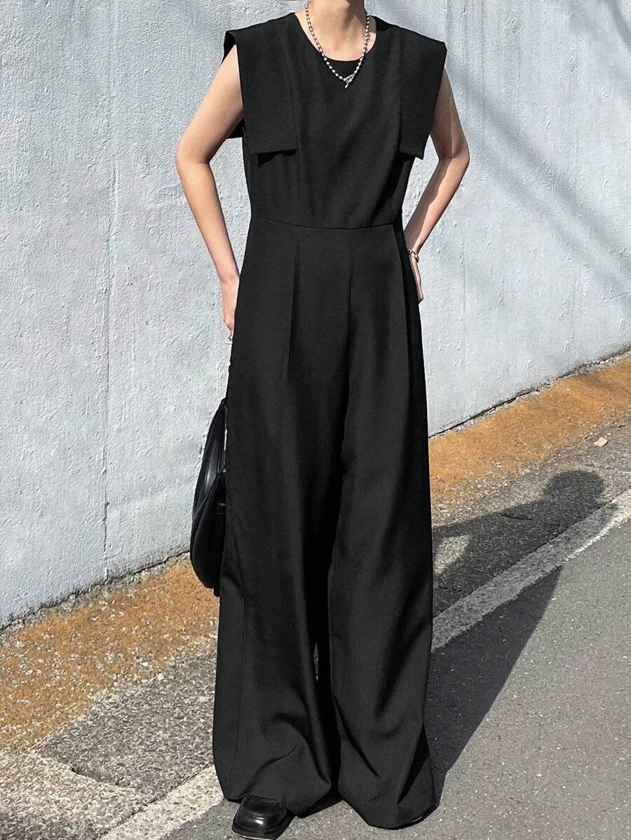 FRIFUL Women's Solid Color Pleated Wide Leg Jumpsuit, Casual Wear For Festivals, Concerts