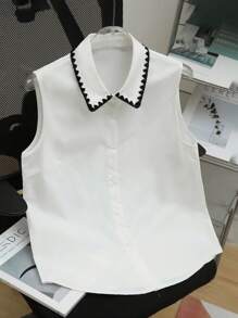 SHEIN LUNE 无袖翻领女式花卉刺绣衬衫，简约休闲通勤，适合春夏季上衣 - 白色 - 查看 3
