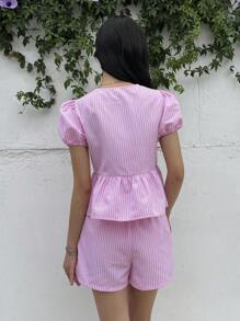 2件套青少年女孩休闲舒适圆领泡泡袖蝴蝶结衬衫和短裤套装 - 粉色 - 查看 2