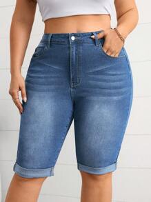 SHEIN Essnce Plus Size Fashionable Side Pocket Washed Rolled Hem Denim Shorts, Summer