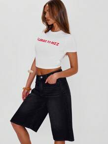 MUSERA Letter Print Crop Cap Sleeve Top Graphic Tees Allergic To Rizz Slogan Graphic Tee Fitted Summer Vacation Fall - White - View 3