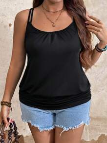 SHEIN LUNE Plus Size Summer Solid Color Figure-Hugging Camisole And Tank Top - Black - View 1
