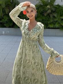 Vacation Beach Boho Ditsy Floral & Plant Print Chiffon Midi Dress With Ruffle Hem And V-Neck,Fall Dress Long Sleeve Dress - Avocado Green - View 1