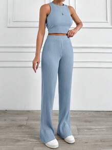 EURMUSE Summer Casual Solid Color Crop Top And Pants Suit - Baby Blue - View 3