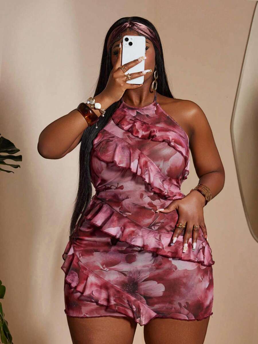 Maweii Damen Große Größen Bodycon Kleid mit Blume Muster und Rüschensaum, ärmellos, Sommer - Verschiedenfarbig - Übersicht 1