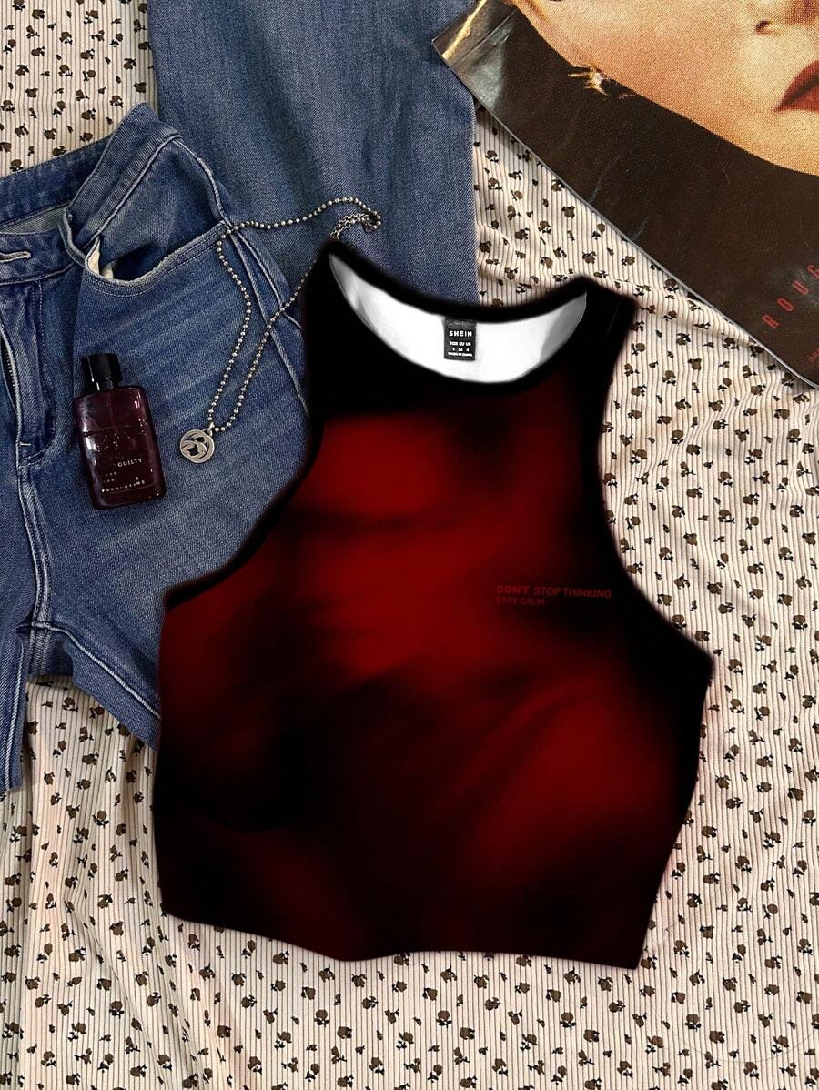 SHEIN EZwear Camiseta de tirantes de mujer de ajuste ceñido, cuello redondo, minimalista y casual con estampa de retrato, adecuada para verano, vacaciones y festivales de música bohemios - Multicolor - Ver 1