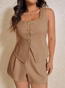 Elaquor Plus Size Summer Casual Solid Color Vest & Shorts 2 Pieces Set - Khaki - View 2