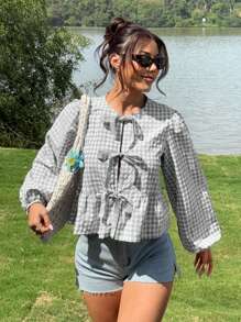 SHEIN EZwear 女式复古现代灰色格子天鹅绒前系带泡泡袖宽松衬衫
