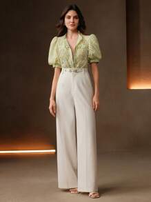 Anewsta Blusa corta de mujer elegante francesa artesanal con mangas abombadas decorada con cuentas y cristales, color verde