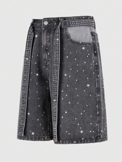 Street Life Shorts vaqueros casuales de pierna ancha con bolsillo de strass, corte holgado de vanguardia para hombre