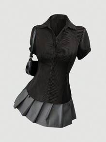 Sweetra Casual Striped Ruched Waist Short Sleeve Blouse