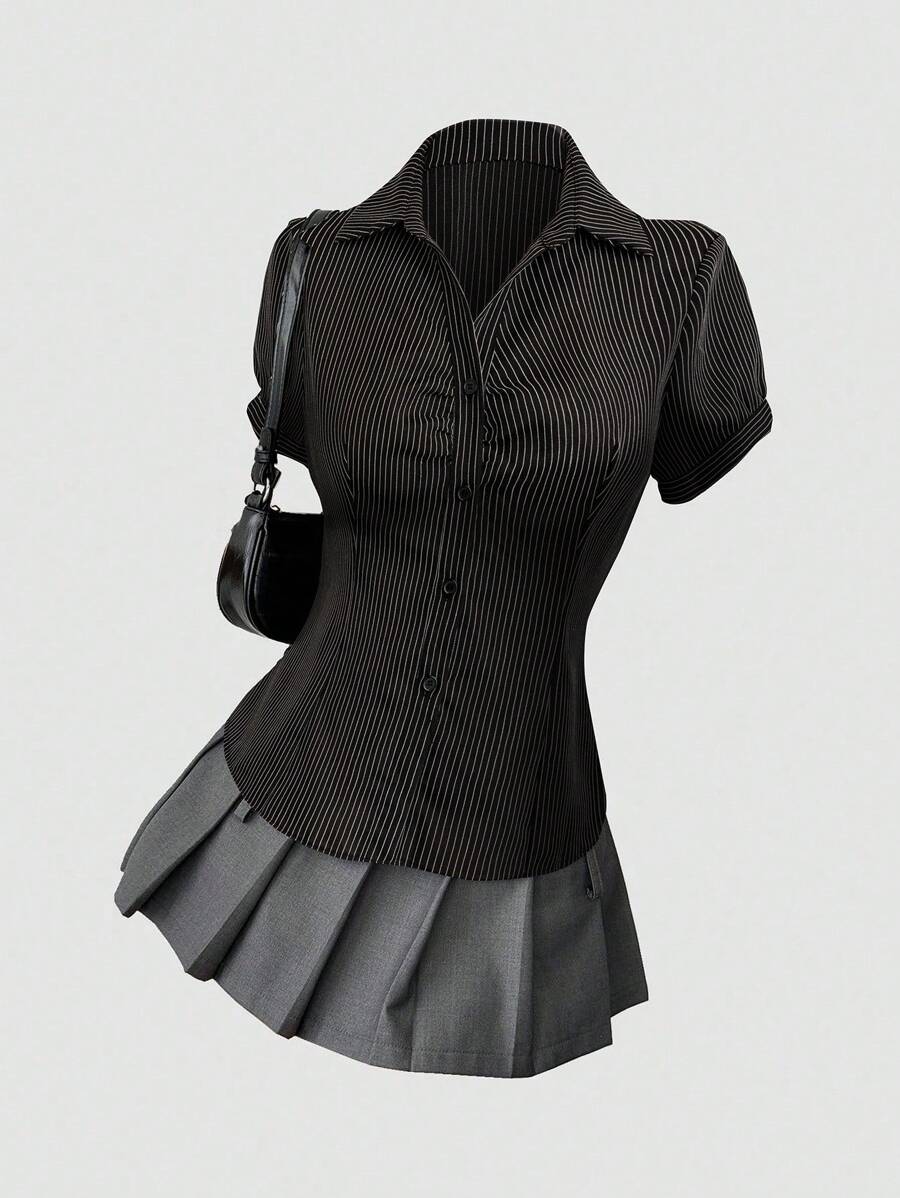 Sweetra Casual Striped Ruched Waist Short Sleeve Blouse