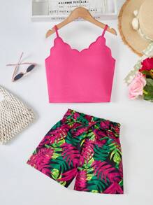 2pcs/Set Girls Tropical Vacation Beach Lace Camisole And Shorts Set - Multicolor - View 9