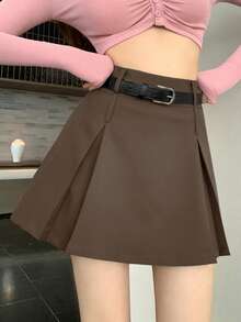DAZY Women Casual Solid High Waist Pleated Skirt - Coffee Brown - View 2
