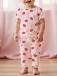 Baby Girls' Strawberry Pattern Snug Fit Casual Minimalist Round Neck Comfy Short Sleeve Pants Homewear, Suitable For Spring & Summer - Multicolor - View 3