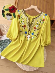 Linhara Áo cánh thường ngày thêu nhiều họa tiết cỡ lớn cho nữ - Màu vàng - Xem 1