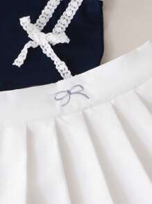 2pcs/Set Young Girl Contrast Color Trim Bow Sleeveless Top And Pleated Skirt Set - Navy Blue - View 5