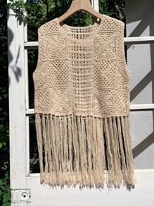 Comfortcana 2025 Nueva llegada Blusa de punto con cordón disolvente en agua para mujer, unicolor, de moda para el verano, estilo bohemio para vacaciones - Albaricoque - Ver 4