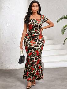 SHEIN Lady 女士优雅豹纹花卉印花收腰鱼尾下摆连衣裙，夏季生日和活动连衣裙/办公室连衣裙/教堂连衣裙/婚纱/节日连衣裙