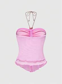 ROMWE Hippie Women's Summer Plain Chest Ruched Asymmetric Hem Spaghetti Strap Top - Pink - View 2