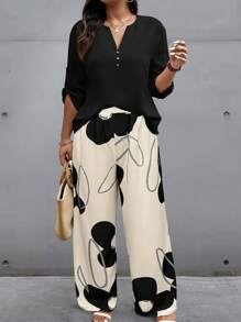 Random Print Plus Size Women Cuffed Sleeve Shirt And Pants 2 Pieces Set - Multicolor - View 3