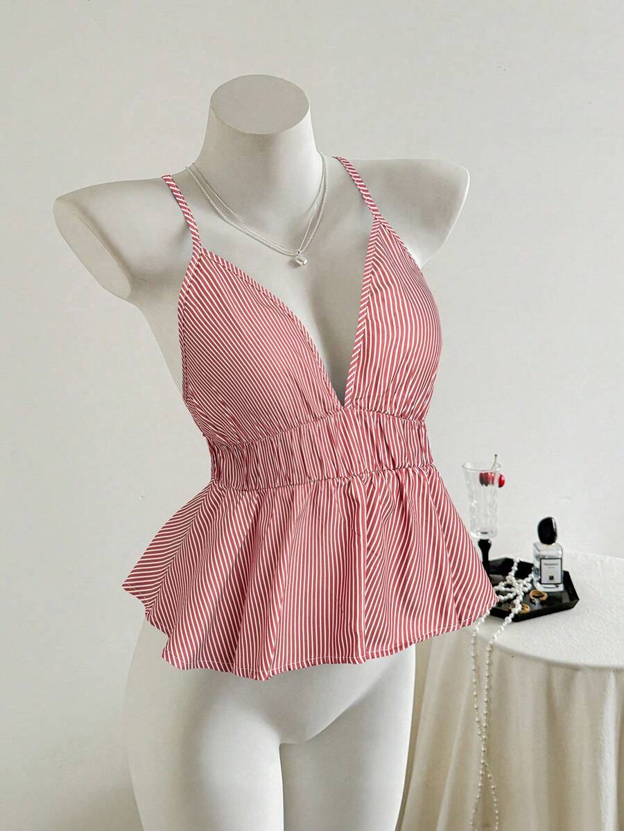 Flirla Plus Size Summer Casual Stripe V-Neck Ruffle Hem Camisole - Red - View 1
