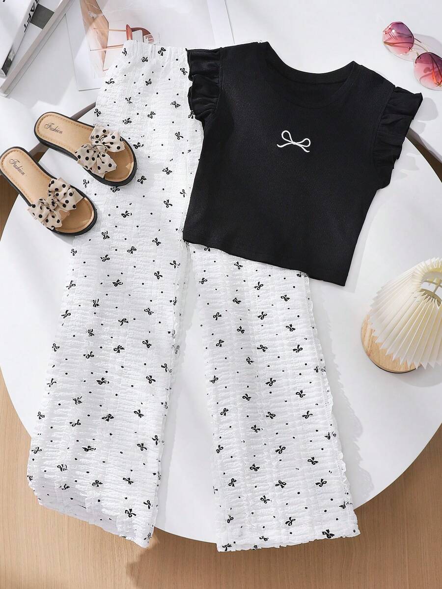 Mädchen Lässig strukturierte bequeme Mode Schmetterling Muster Stickerei Strick Set