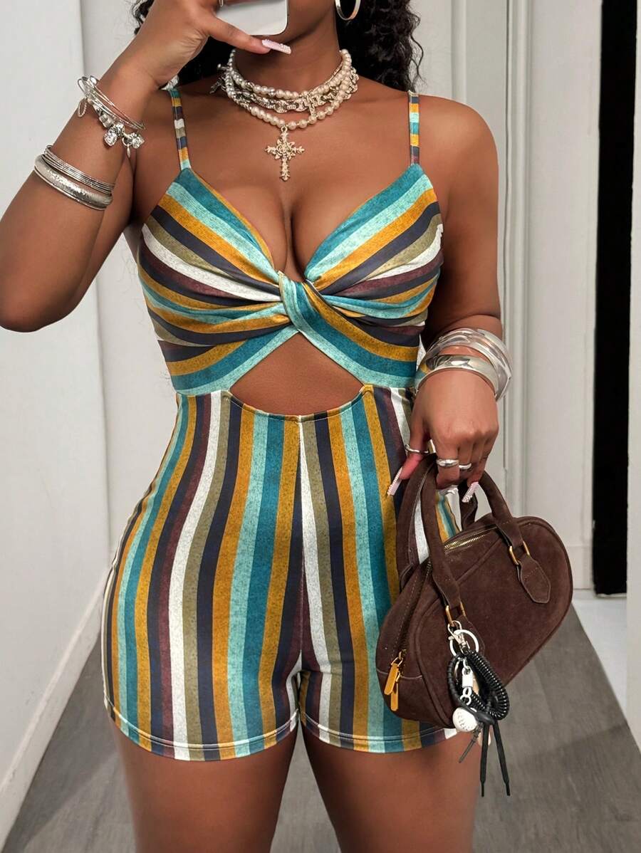 Slaydiva New Casual Vacation Streetwear Knit Camisole Printed Colorful Striped Front Twist Bodycon Romper Shorts - B - Multicolor - View 1