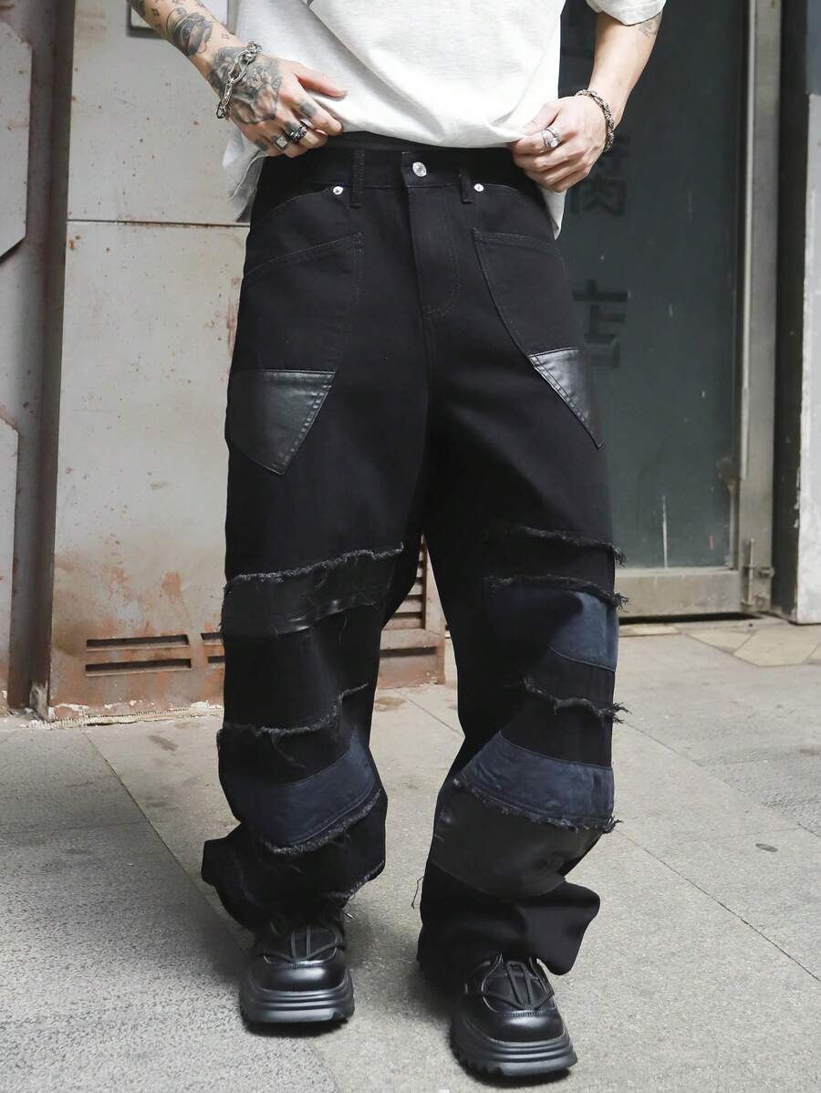 Manfinity EMRG 男士口袋磨边阔腿宽松休闲牛仔裤 - 黑色 - 查看 1