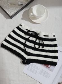 Comfortcana Women Drawstring Waist Striped Casual Knitted Shorts - Black and White - View 5