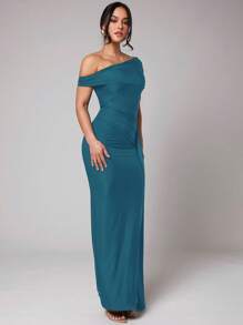 Silquee 女式纯色长裙、性感优雅黑色不对称荷叶边连衣裙、黑色长裙、自然腰身连衣裙、正式连衣裙、针织连衣裙、度假连衣裙、海滩度假连衣裙、约会连衣裙、超长连衣裙、黑色荷叶边下摆连衣裙、黑色腰带连衣裙 - 水鴨藍 - 查看 5