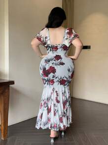 Flirla Đầm ôm body midi họa tiết hoa cỡ lớn cho nữ - trắng - Xem 2