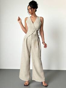 SHEIN Clasi 2 buc/Set Vestă de damă, de in, de culoare solidă, cu talie înaltă, cu pantaloni largi, plisați, ținută de birou, elegantă, minimalistă, vară