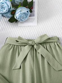 SHEIN Leap Crew 少女两件套：V 领荷叶边衬衫和蝴蝶结阔腿裤，休闲度假装，乡村时尚风格，适合春季花园茶 - 薄荷綠 - 查看 9